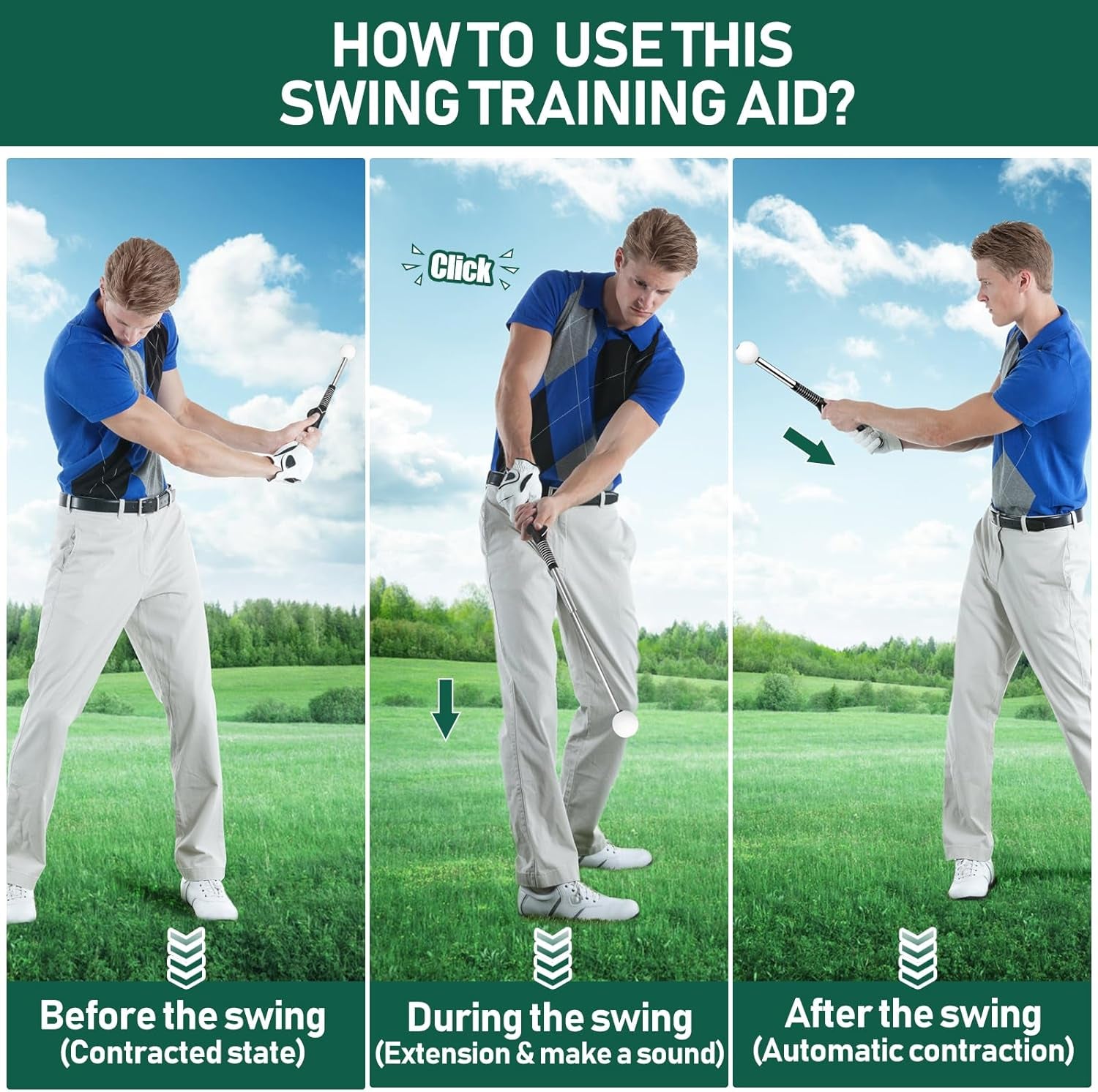 Retractable Golf Swing Trainer with Grip Trainer - Telescopic Training Aid for Warm-Up and Indoor Practice